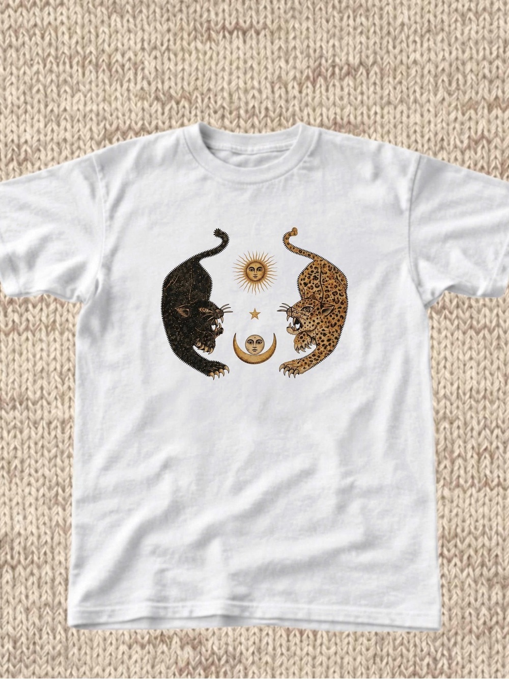 Gildan White Tee with Black and Gold Leopard/Moon Graphic